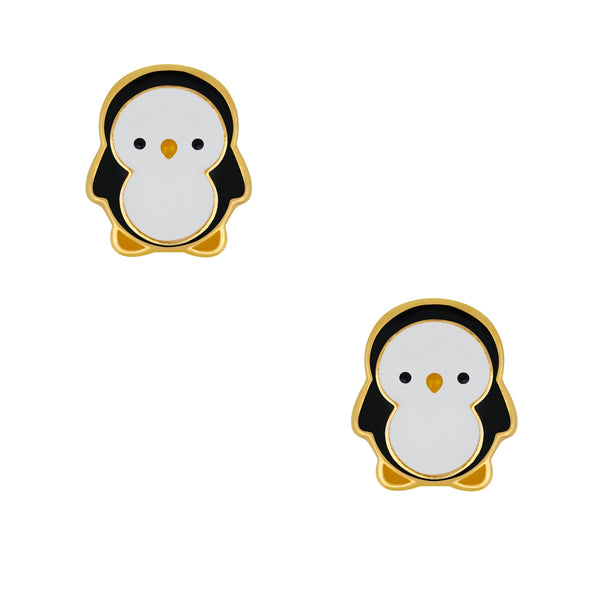 Kinder-Ohrstecker Pinguin vergoldet 10mm Weiß, Schwarz, Gelb Sterling Silber 925