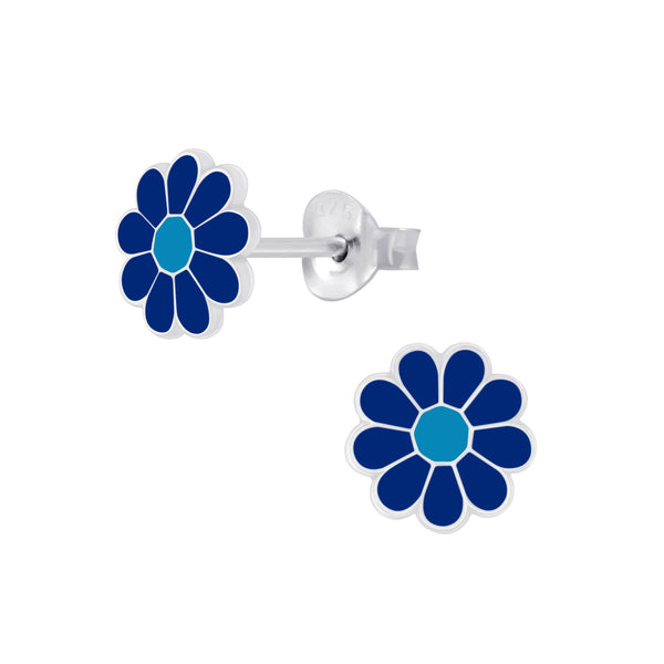 Mädchen-Ohrstecker Gänseblume Blume 8 mm blau aus Sterling Silber 925