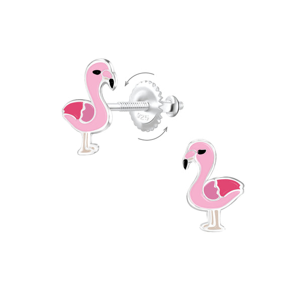 Mädchen-Ohrstecker Flamingo rosa mit Verschluss zum drehen aus Sterling Silber 925