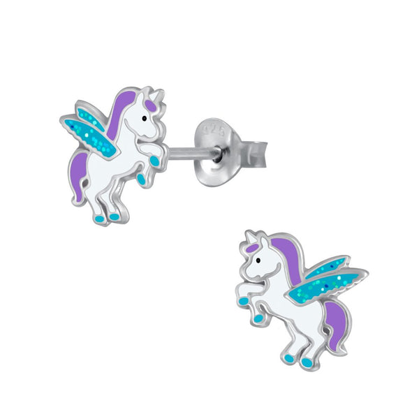 Kinder-Ohrstecker Einhorn Unicorn Pegasus 8mm Tuerkis, Lila und Weiß mit Glitzer Sterling Silber 925