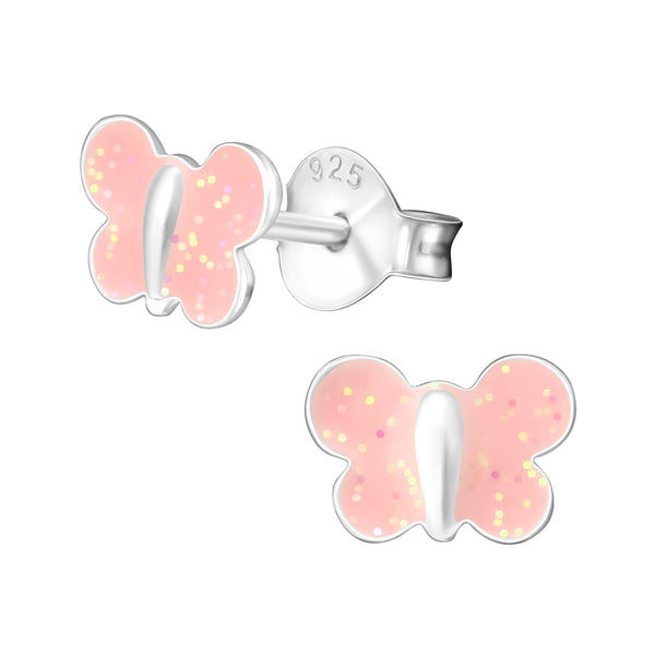 Kinder-Ohrstecker Schmetterling Weiß Pink aus Sterling Silber 925