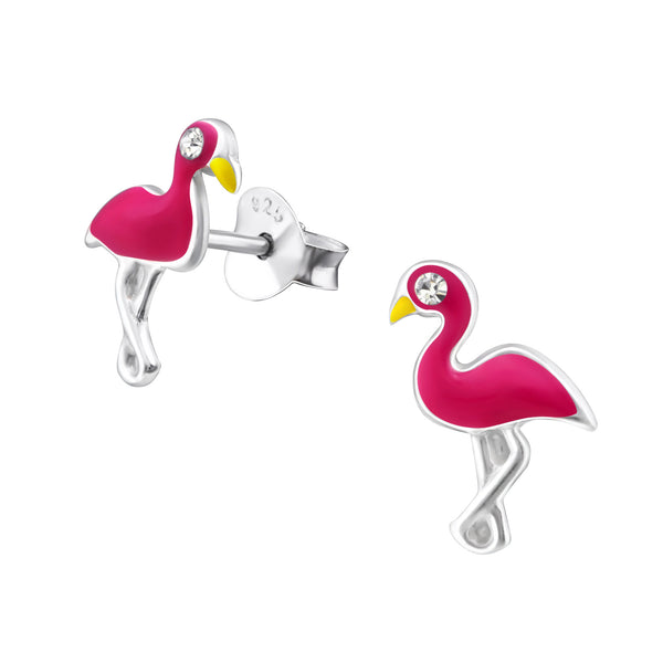Damen-Ohrstecker Flamingo Rosa, Pink Glitzer Sterling Silber 925