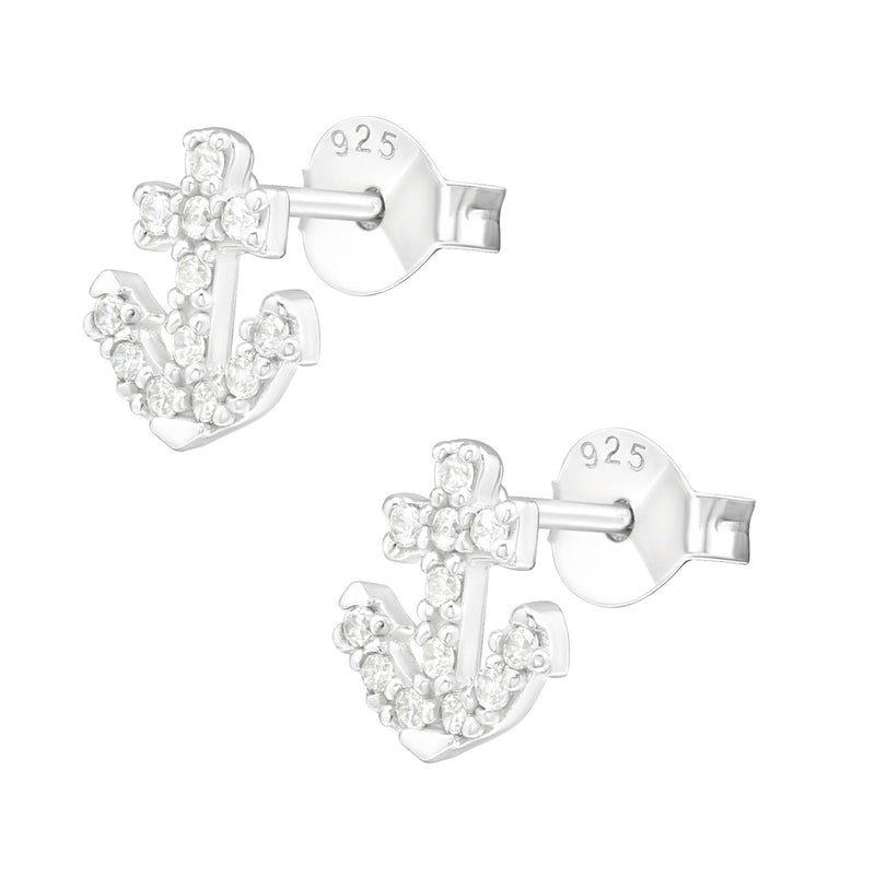 Mädchen-Ohrstecker Anker maritim Glanz mit Zirkonia Weiß aus Sterling Silber 925